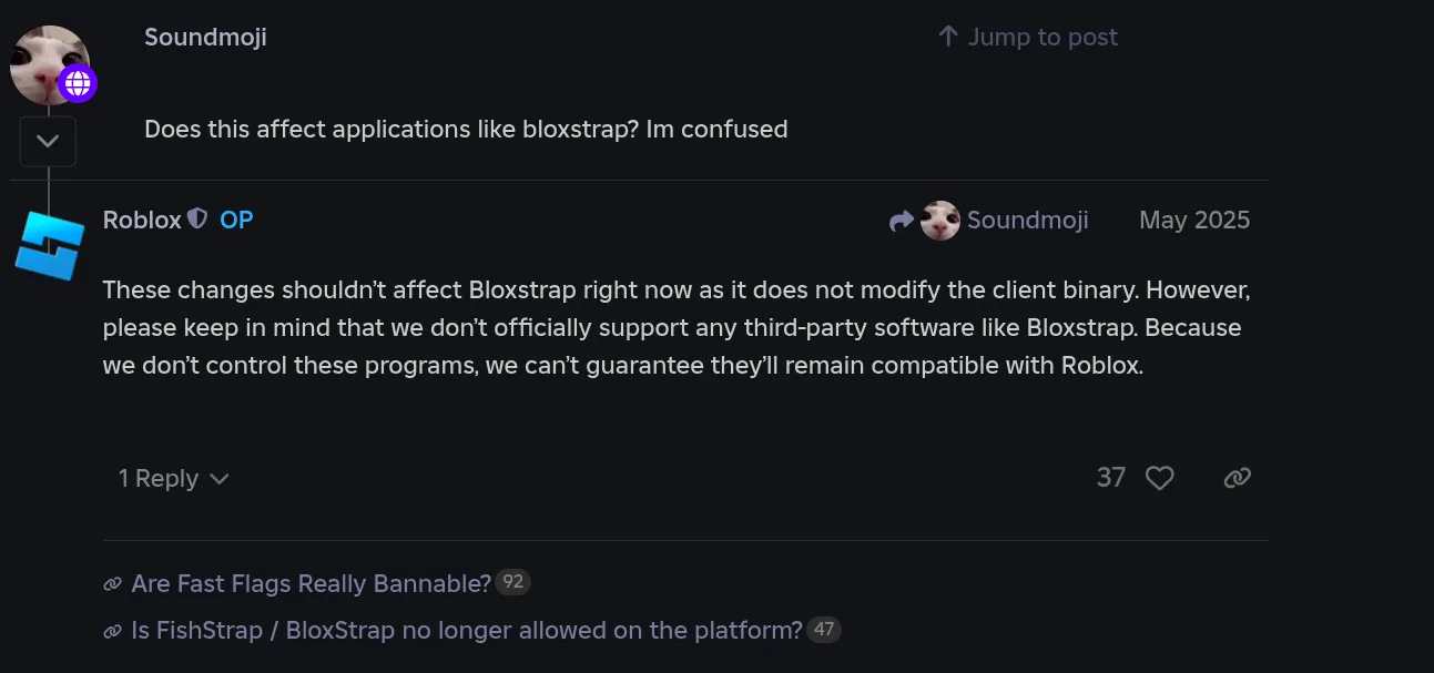 A Roblox statement post on Devforum